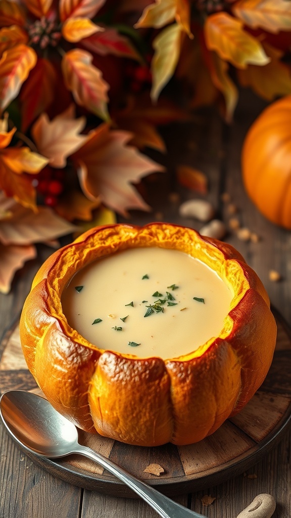 Savory Pumpkin Bread Bowl Recipe A pumpkin bread bowl filled with soup, garnished with herbs, on a wooden table with autumn leaves.